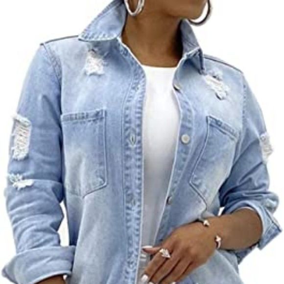 SeNight Women's Jean Jacket Long Sleeve Classic Distressed Trucker Jackets - Picture 1 of 5